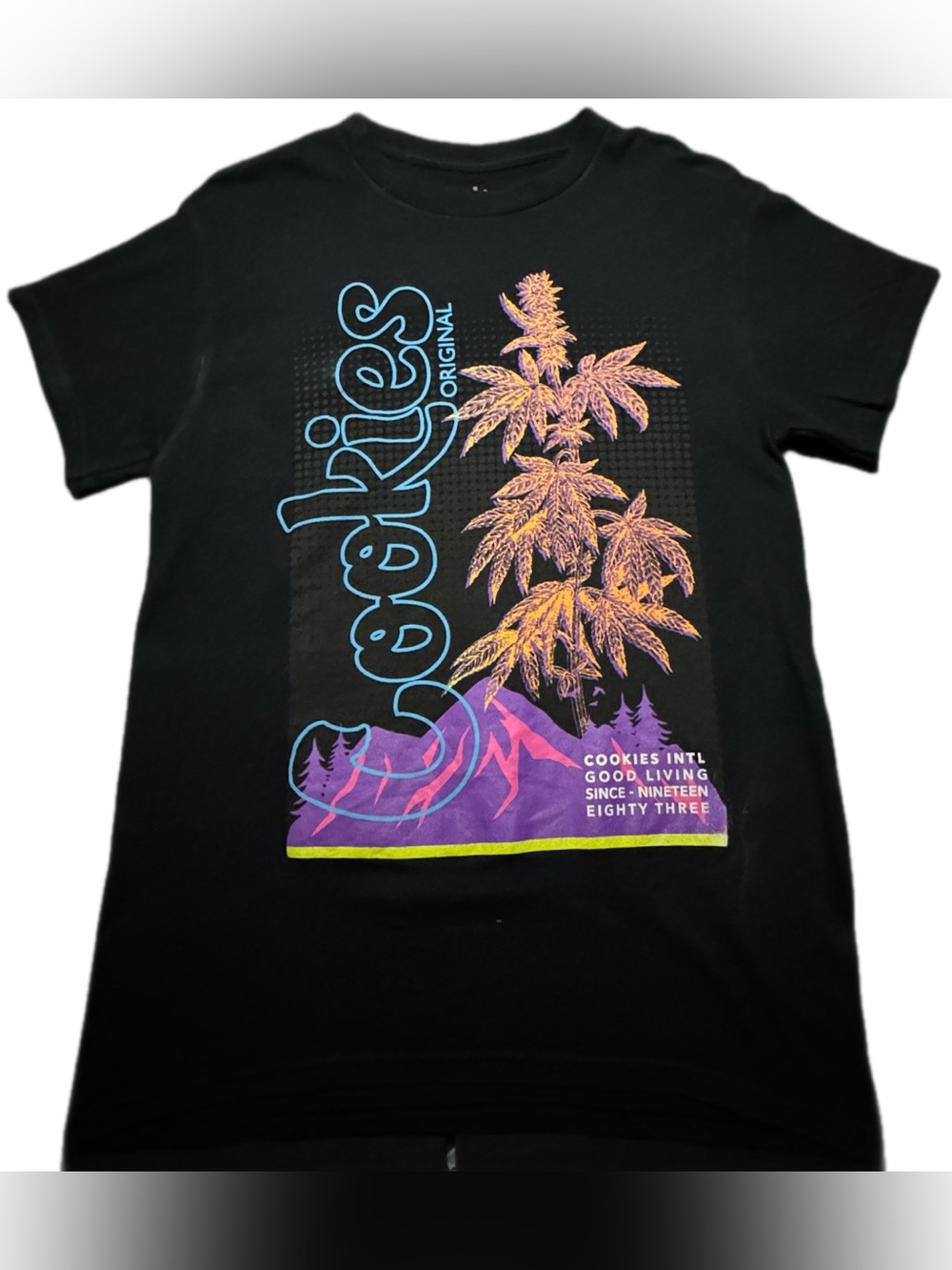 Cookies Kids Black Graphic Tee with Neon Plant & Mountain Print
